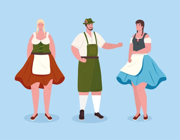 Personas alemanas en drees nacionales, mujeres y hombres en traje bavariano tradicional — Vector de stock