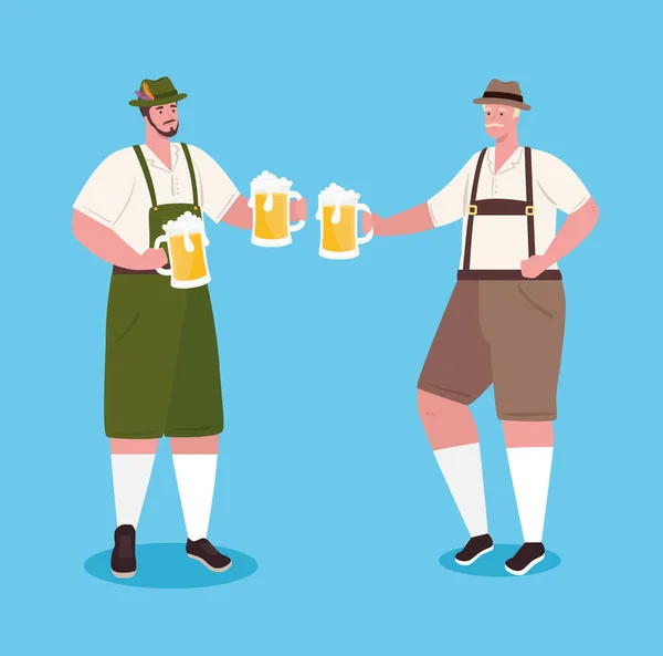 Homens alemão em vestido nacional com frascos de cerveja para a celebração do festival oktoberfest —  Vetores de Stock