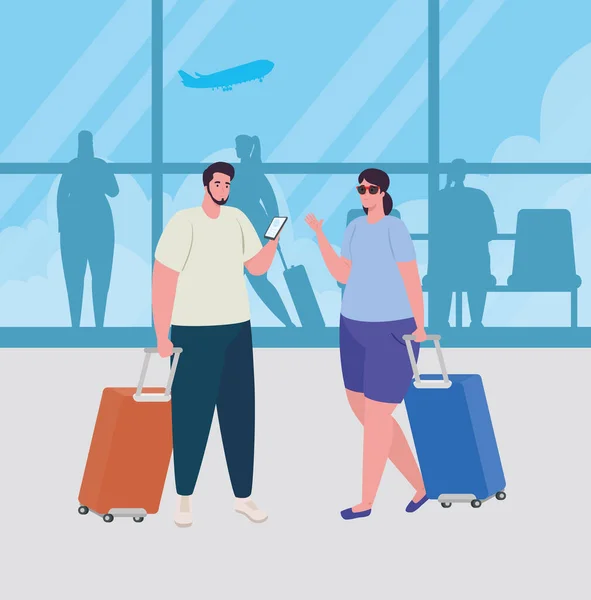Paar im Flughafenterminal, Passagiere im Flughafenterminal mit Gepäck — Stockvektor