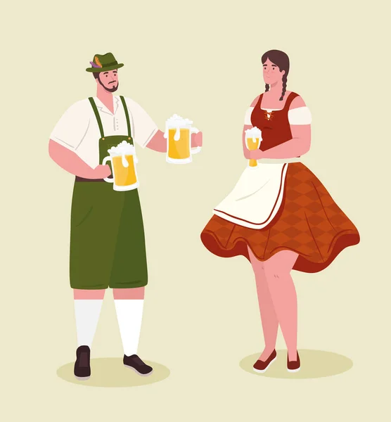 Para Niemców w sukience narodowej ze słoikami na festiwal oktoberfest — Wektor stockowy