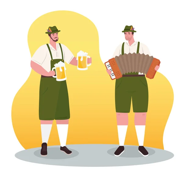 Men german in national dress with accordion and jars beer for oktoberfest festival celebration — Stock Vector