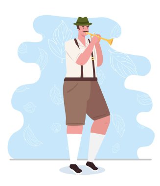 Trompetli Alman adam, geleneksel Bavyera kostümü giymiş erkek.