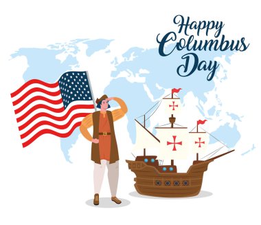Christopher Columbus, A.B.D. bayrağı ve Carabela gemisiyle mutlu Columbus günleri.