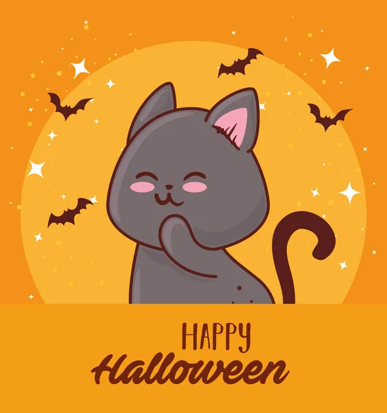 Halloween feliz com gato bonito e morcegos voando — Vetor de Stock