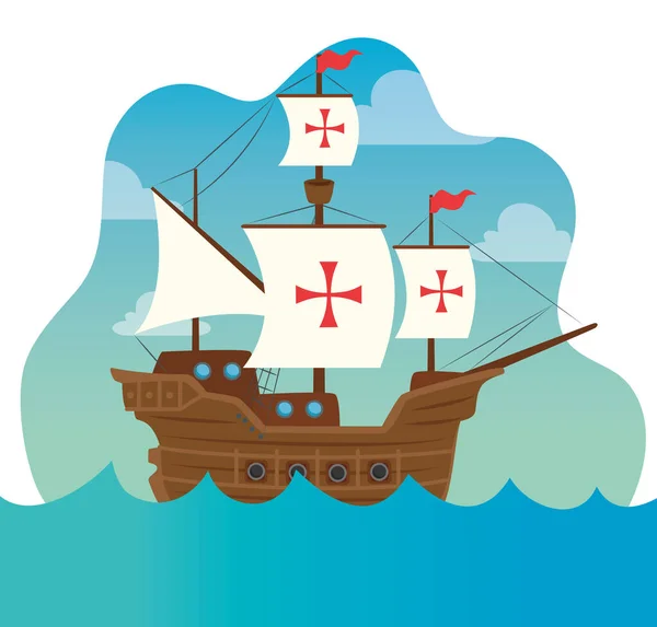 Ευτυχισμένη ημέρα Columbus, με το πλοίο carabela στη θάλασσα — Διανυσματικό Αρχείο