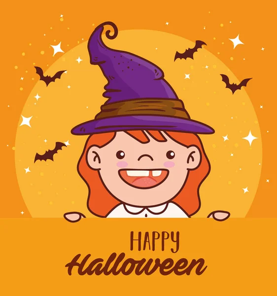 Ragazza carina travestita da strega per felice festa di Halloween con pipistrelli volanti — Vettoriale Stock
