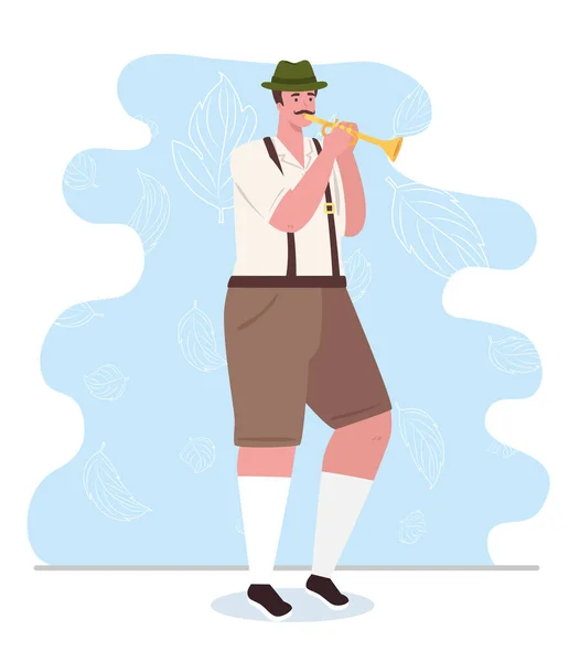 Hombre alemán en vestido nacional con trompeta, hombre en traje bavariano tradicional — Vector de stock