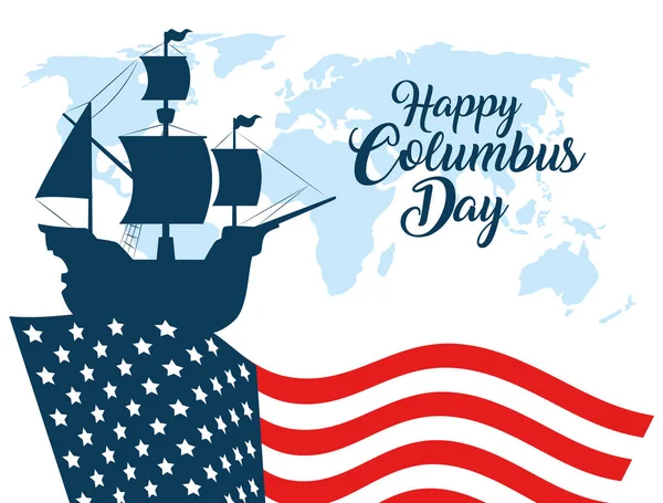 Щасливий день колумба, з силуетним кораблем карабела на фоні прапора об'єднаних держав Америки — стоковий вектор