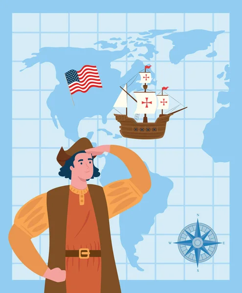 Feliz día del columbo, con christopher columbus, carabela, bandera de EE.UU., brújula y mapa del mundo — Vector de stock