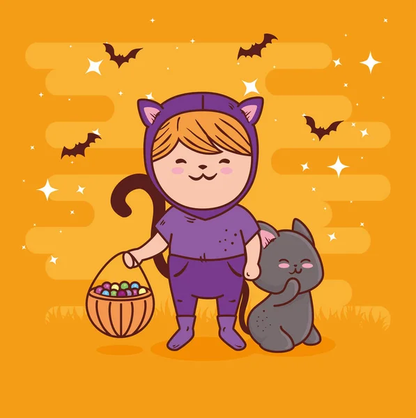 Fille déguisée de chat mignon pour une joyeuse fête d'Halloween avec chat animal et bonbons — Image vectorielle