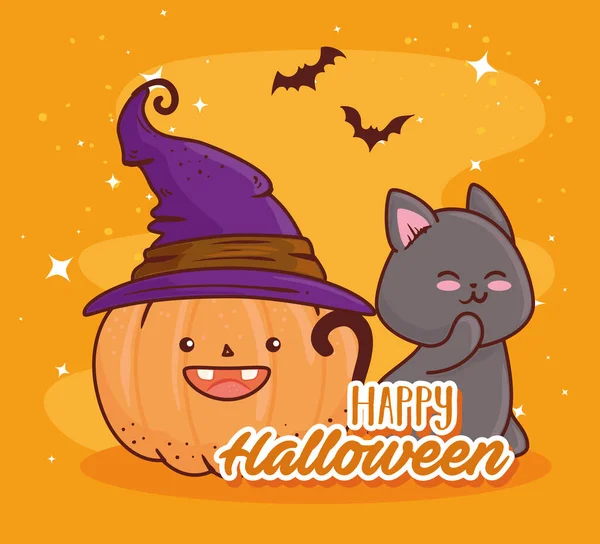 Halloween heureux, mignonne citrouille en utilisant chapeau sorcière avec chat et chauves-souris volant — Image vectorielle