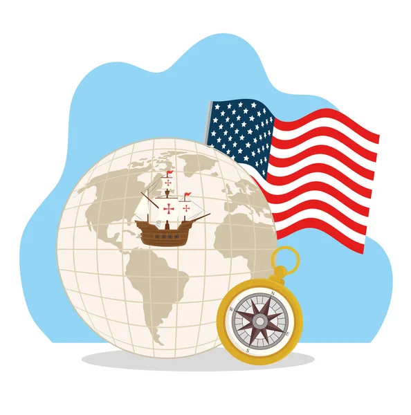 Boldog kolumbusz nap, a világ bolygó, iránytű, hajó carabela és zászló usa — Stock Vector