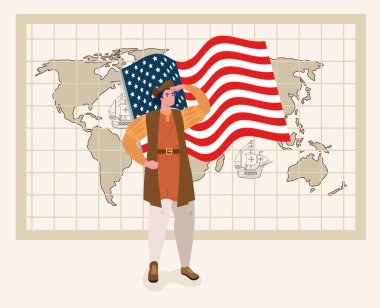 Columbus Günün kutlu olsun, Christopher Columbus, bayrak ve dünya haritasıyla