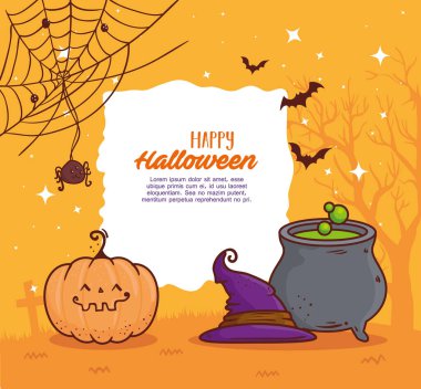 Mutlu Cadılar Bayramı bayrağı, kazan cadısı, balkabağı, şapka, örümcek ve yarasalar uçuşuyor