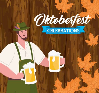 Oktoberfest festivali kutlaması ve tahta arka planda kavanozlu biralı adam.