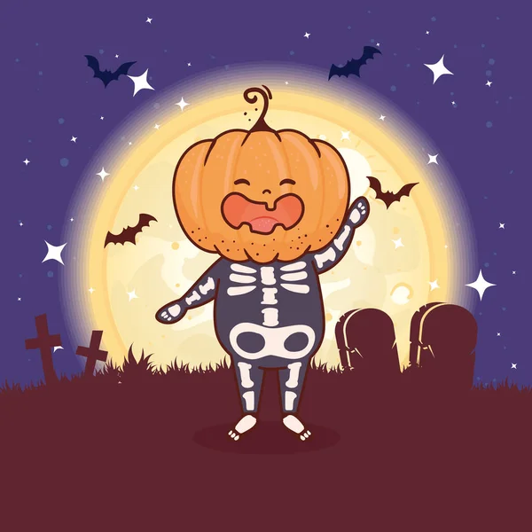 Jongen vermomd van skelet met hoofd pompoen voor gelukkig Halloween viering in kerkhof scene — Stockvector