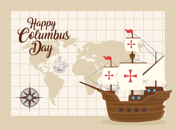 Feliz día de Colón nacional EE.UU. vacaciones, con carabela y mapa del mundo ubicación — Vector de stock