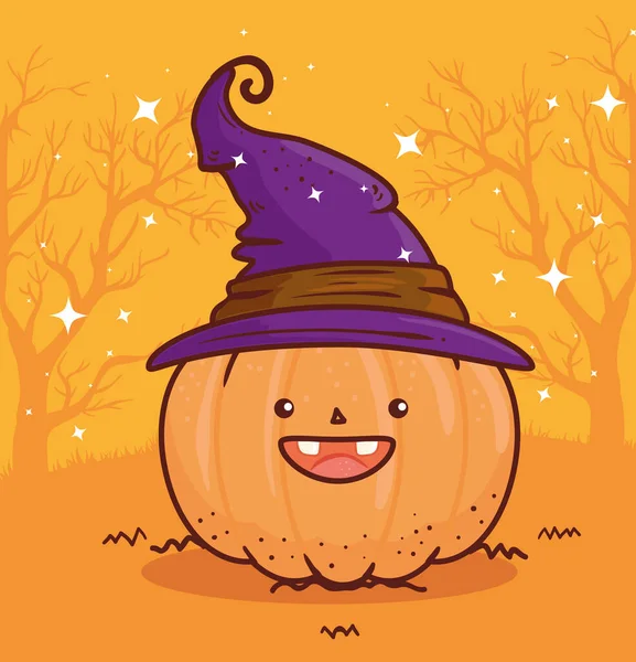 Halloween heureux, mignonne citrouille en utilisant chapeau sorcière — Image vectorielle