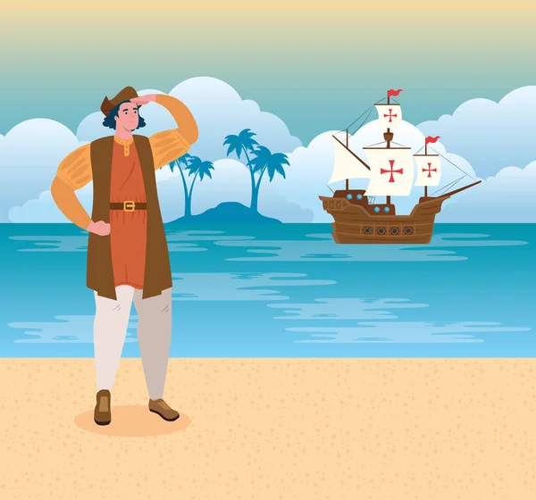 Feliz día de colón nacional EE.UU. vacaciones, con christopher columbus viendo en la playa — Vector de stock