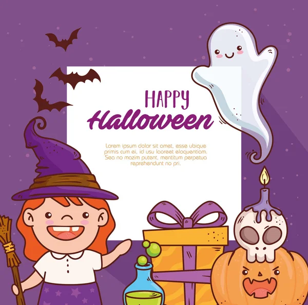 Mignonne fille déguisée de sorcière pour joyeuse fête d'Halloween avec décoration icônes — Image vectorielle