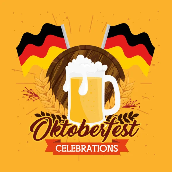 Celebração do festival oktoberfest com cerveja jar e bandeiras alemanha —  Vetores de Stock