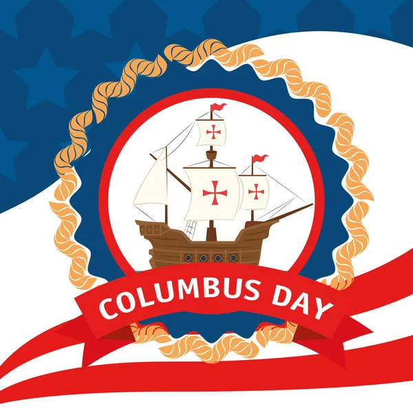 Feliz columbus dia feriado nacional dos EUA, com carabela navio no emblema do selo —  Vetores de Stock