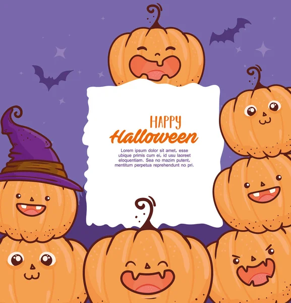 Feliz banner halloween, com abóboras bonitos e morcegos voando — Vetor de Stock