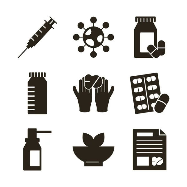 Paquete de nueve iconos conjunto médico — Vector de stock