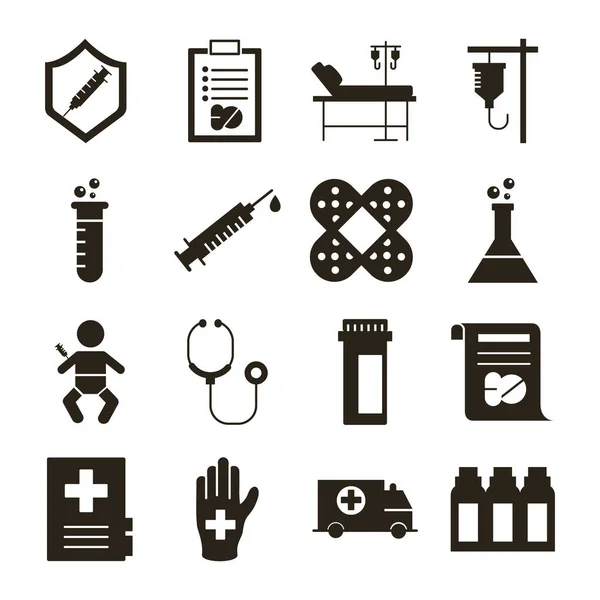 Pacote de dezesseis ícones de coleção de conjuntos médicos — Vetor de Stock