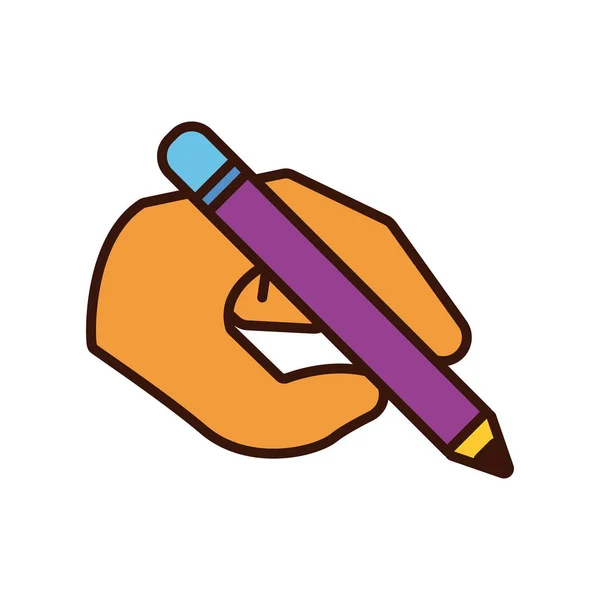 Mano con línea de escritura a lápiz e icono de estilo de relleno — Vector de stock