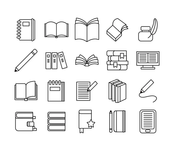 Paquet de vingt livres littérature set collection icônes — Image vectorielle