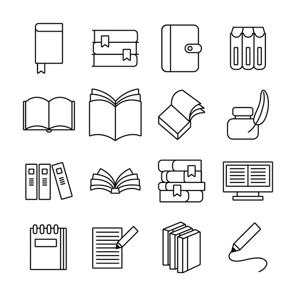 Pacote de dezesseis livros literatura conjunto ícones — Vetor de Stock
