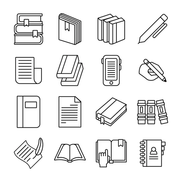 Bundle of sixteen books literature set collection icons — Stock Vector
