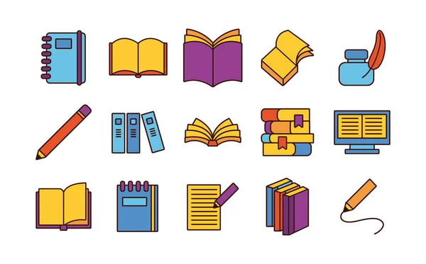 Bundle of fifteen books literature set icons — Stock Vector