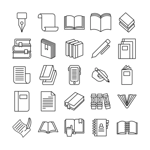 Pacote de vinte e cinco livros literatura conjunto coleção ícones — Vetor de Stock