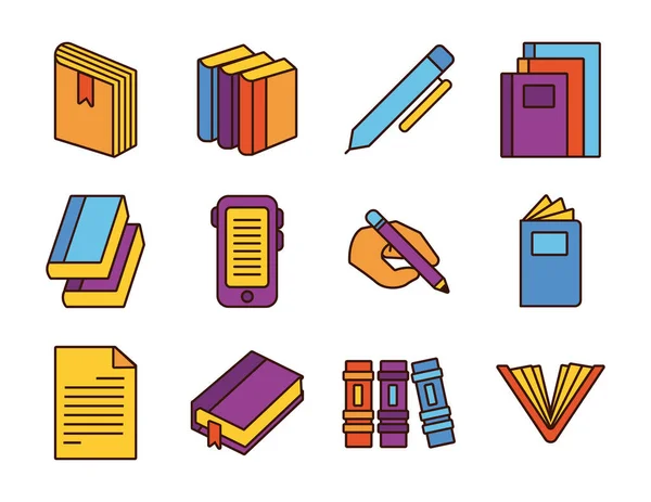 Paquet de douze livres littérature ensemble icônes — Image vectorielle