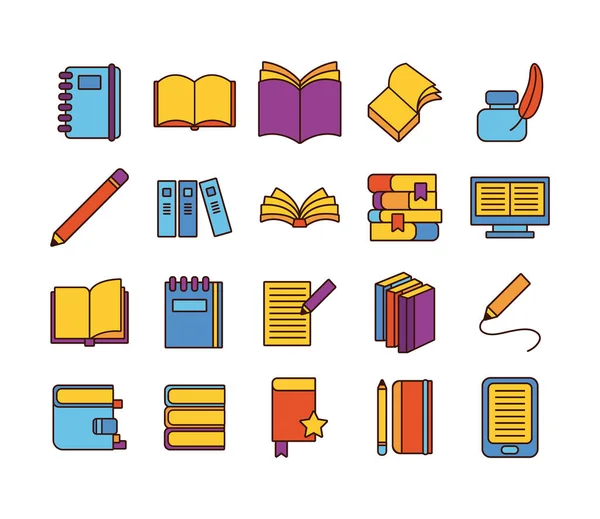 Bundle of twenty books literature set collection icons — Stock Vector