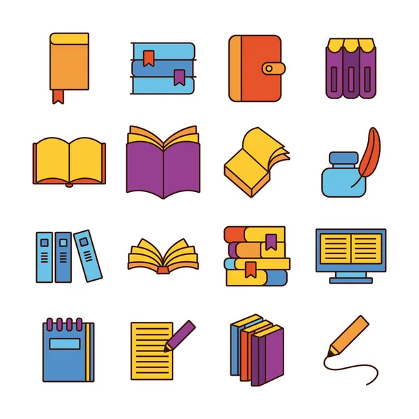 Bundle of sixteen books literature set icons — Stock Vector