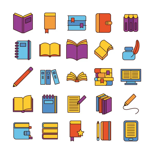 Bundle of twenty five books literature set icons — Stock Vector
