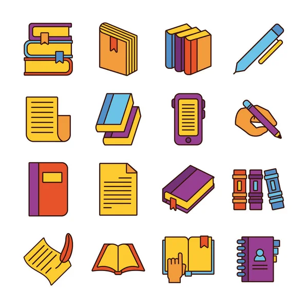 Bundle of sixteen books literature set collection icons — Stock Vector