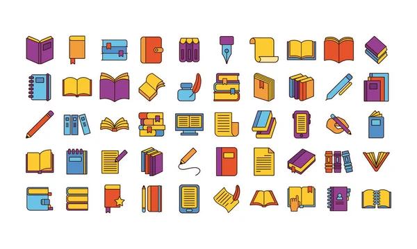 Bundel van vijftig boeken literatuur set pictogrammen — Stockvector