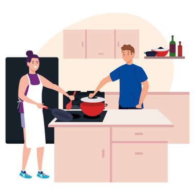 Mutfak sahnesinde erzakla yemek yapan genç bir çift.