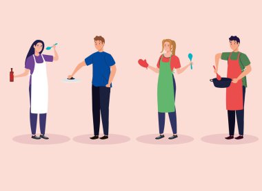 bir grup genç insan yemek pişiriyor, avatar karakterler