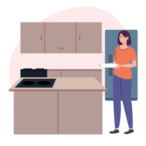 Žena vaření drží jídlo v kuchyni scéně — Stockový vektor