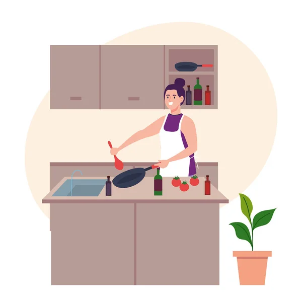 Mujer usando delantal de cocina con utensilios y verduras — Archivo Imágenes Vectoriales