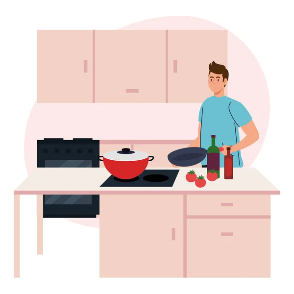 Mann kocht in Küchenszene mit Vorräten und Gemüse — Stockvektor