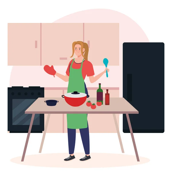 Mulher cozinhar usando avental com suprimentos de cozinha e legumes na cena da cozinha — Vetor de Stock