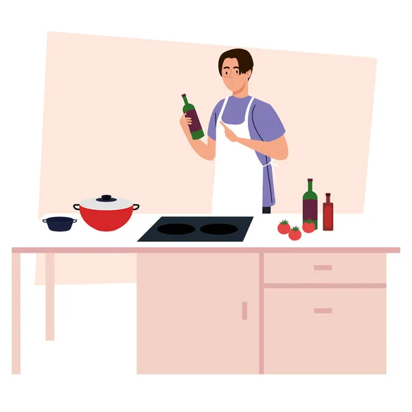 Man cooking using apron, in kitchen scene with supplies and vegetables — Stock Vector