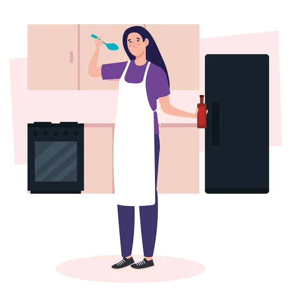 Woman cooking in kitchen scene with fridge, drawers and stove — Stock Vector