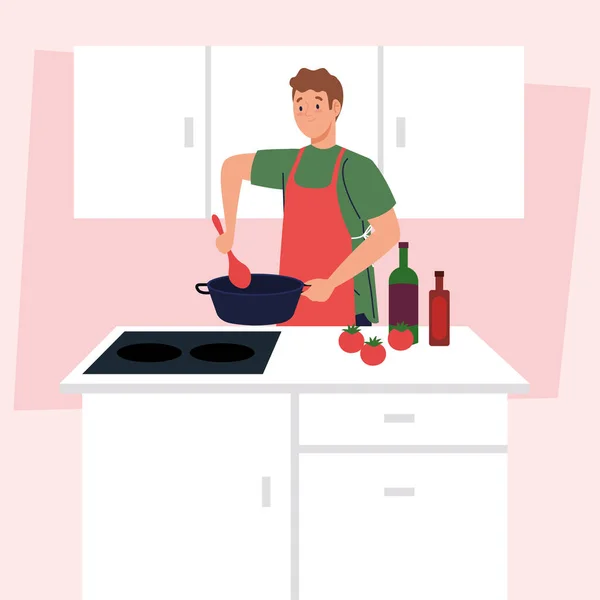 Man cooking using apron, on kitchen scene with supplies and vegetables — Stock Vector